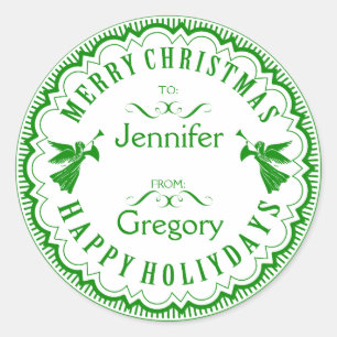 Green & White Typographical Christmas With Angels Classic Round Sticker