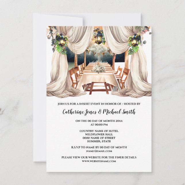 Green white vineyard vine wine farm dining lantern invitation (Front)