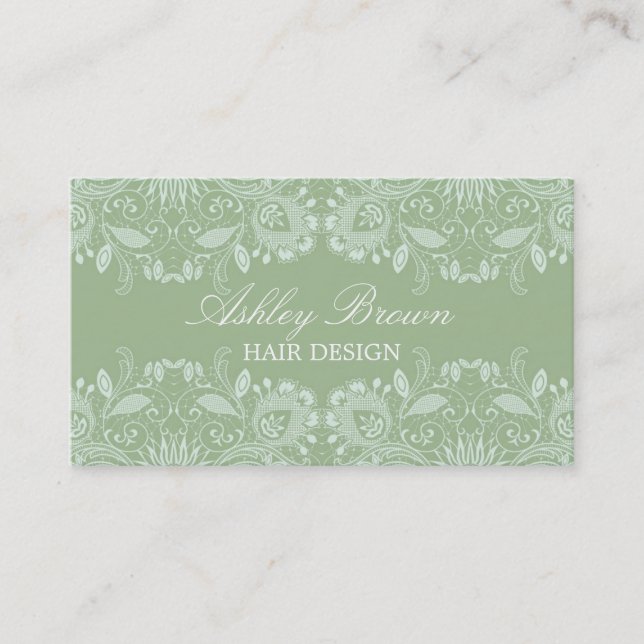 Green & White Vintage Lace Business Card (Front)
