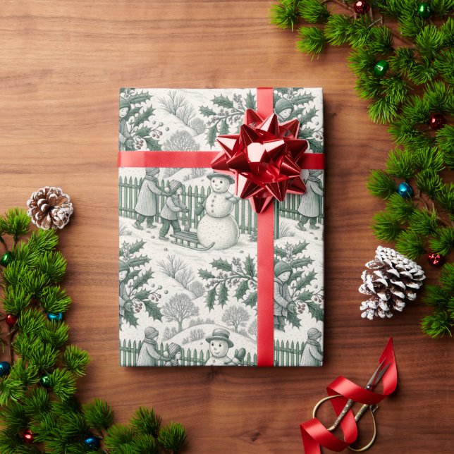 Green & White Vintage Snowman Elegant  Wrapping Paper (Holiday Gift)