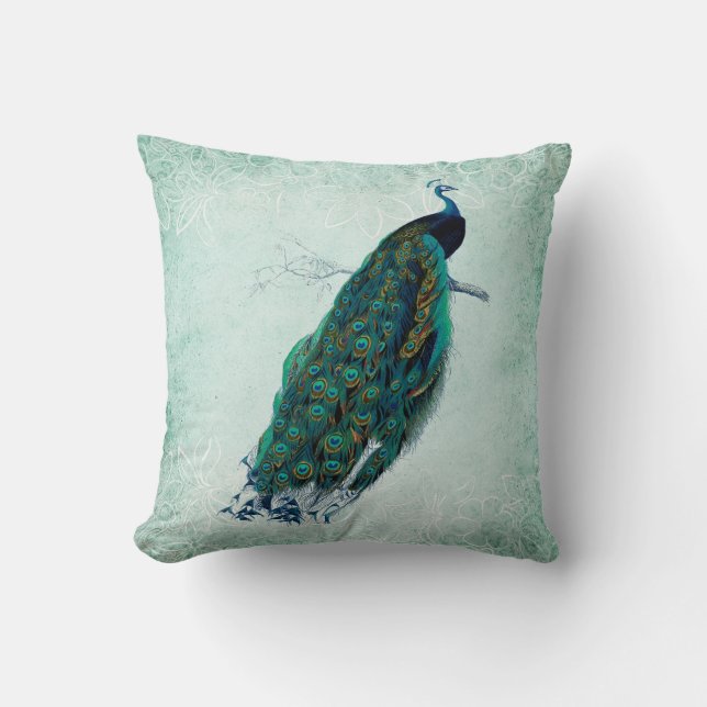 Green & White Vintage Style Peacock Throw Pillow (Front)