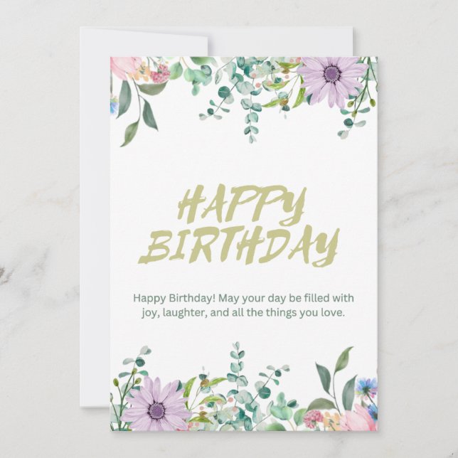 Green & White Watercolor Happy Birthday Card (Front)