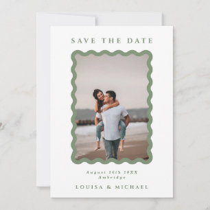 Green & White Wavy Frame Photo QR Code Wedding Save The Date