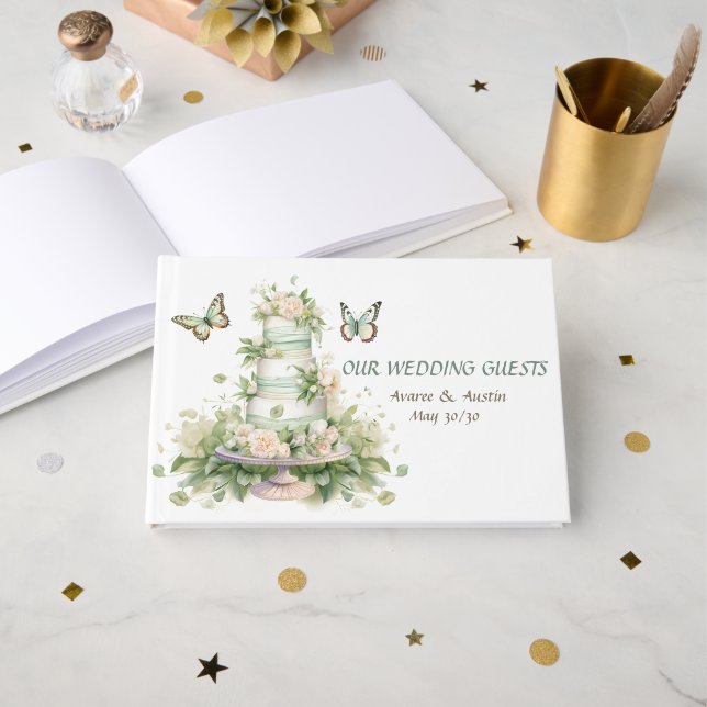 Green White Wedding Cake  Guest Book (Front Open)