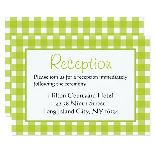 Green & White Wedding Reception Gingham Plaid Card