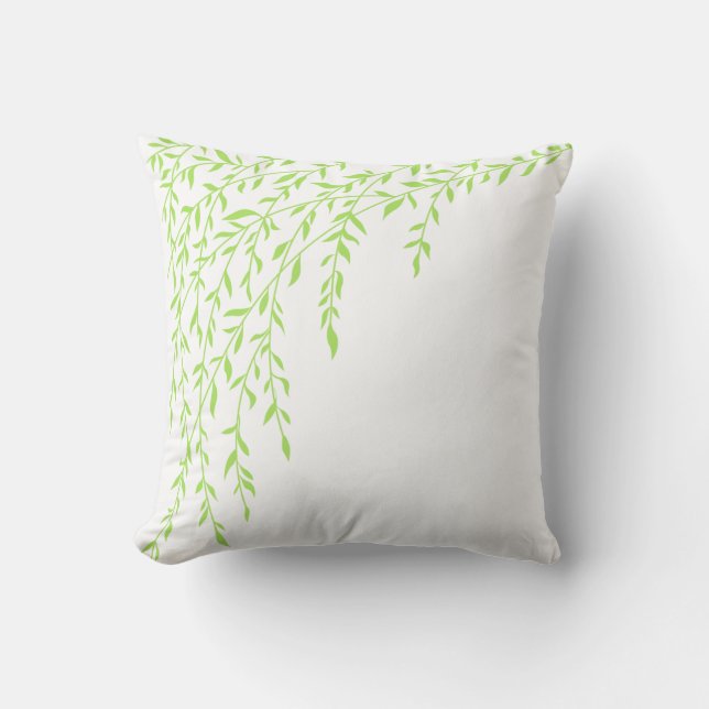 Green & White Weeping Willow Tree Branches Leaves Throw Pillow (Front)