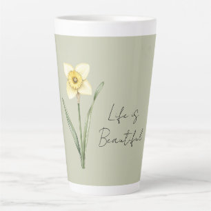 Green White Yellow Daffodil Flower Latte Mug