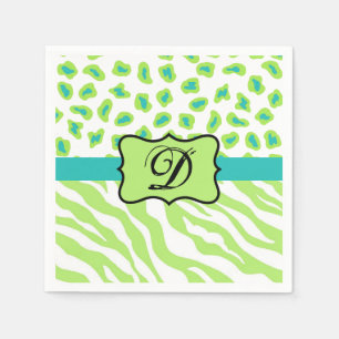 Green White Zebra Leopard Skin Monogram Initial Napkin