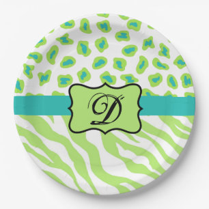 Green White Zebra Leopard Skin Monogram Initial Paper Plate