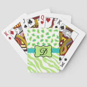 Green White Zebra Leopard Skin Monogram Initial Playing Cards