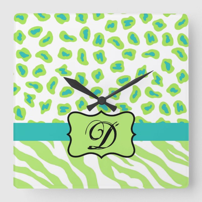 Green White Zebra Leopard Skin Monogram Initial Square Wall Clock (Front)