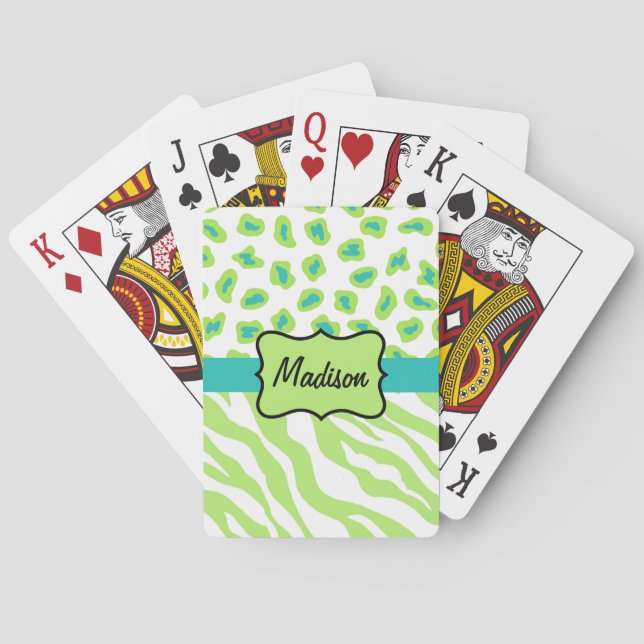 Green White Zebra Leopard Skin Name Personalized Playing Cards (Back)
