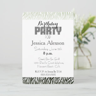 Green White Zebra Print Birthday Invitation