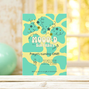Green Who's in the MOOO-D Cow Print 1st Birthday Invitation