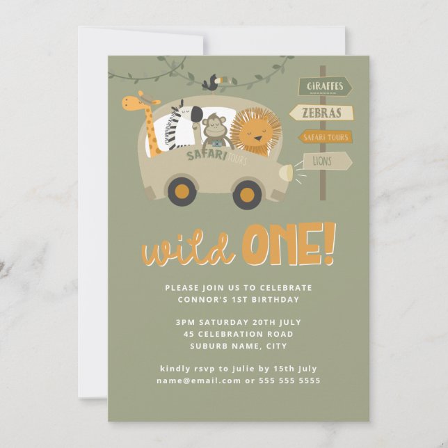 Green Wild One Safari Animals First Birthday  Invi Invitation (Front)