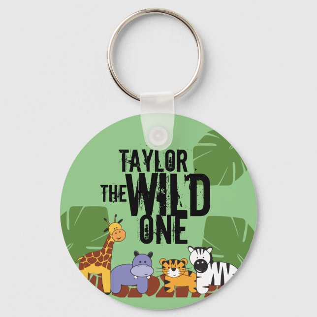 Green Wild One Safari Animals Personalized Keychain (Front)