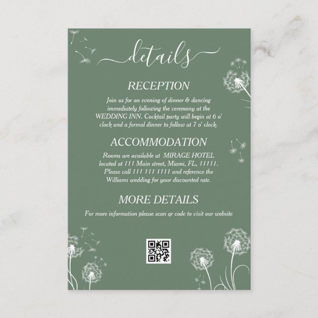 Green Wildflower Minimal Wedding Details Enclosure Card (Front)