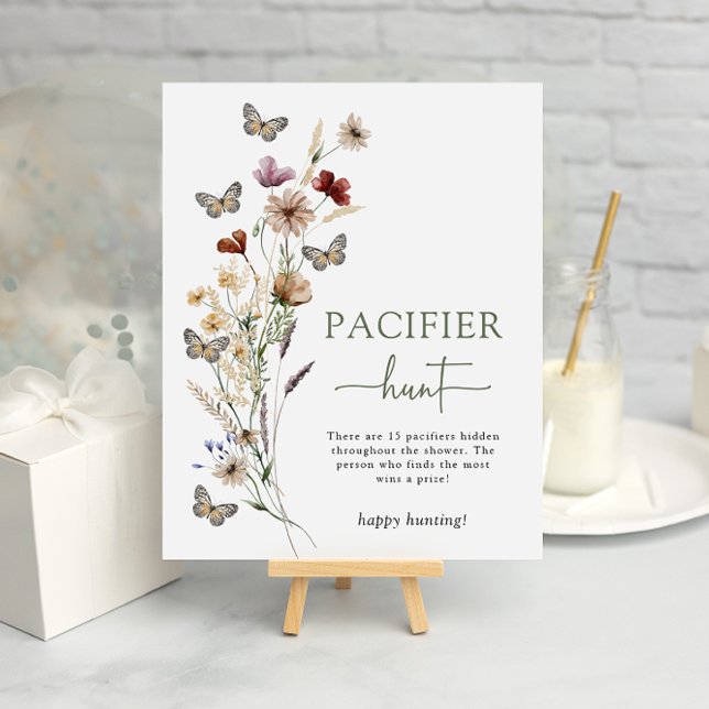 Green Wildflower Pacifier Poster (Sage Green Wildflower Pacifier  Hunt Game Poster with Butterflies by Painted Paperie
)