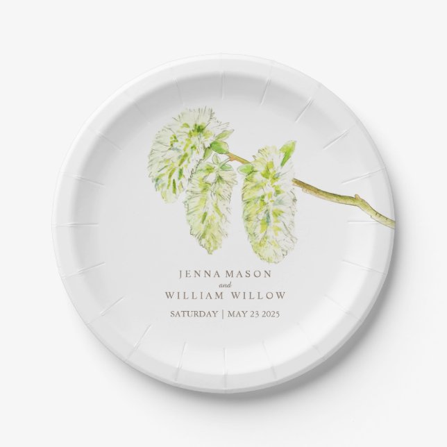Green willow catkins custom wedding plates (Front)
