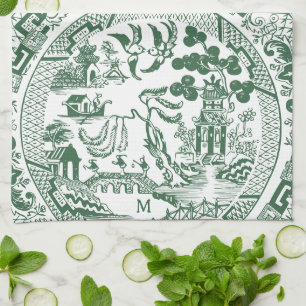 Green Willow China Pattern Vintage Custom Monogram Kitchen Towel