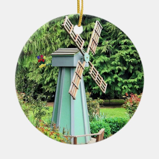 Green Windmill Garden Decor Ceramic Ornament (Front)