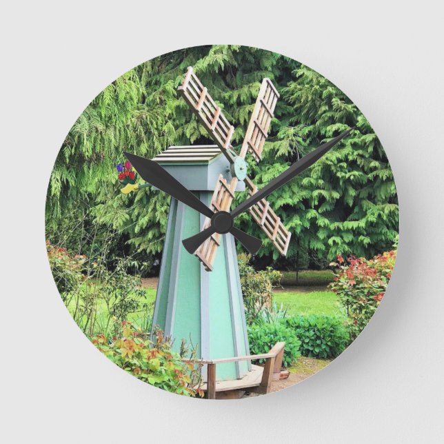 Green Windmill Garden Decor Round Clock (Front)