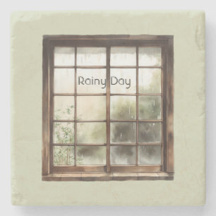 Green Window Rainy Day Stone Coaster