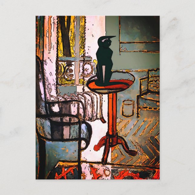 Green Window with Art Deco Cat Postcard (Front)