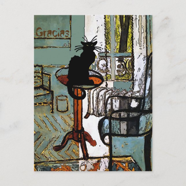 Green Window with Black Cat, Gracias, change text Postcard (Front)
