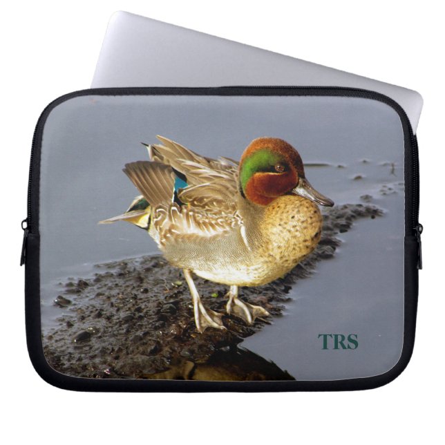 Green Wing Teal Duck Laptop Sleeve with Initials (Front)