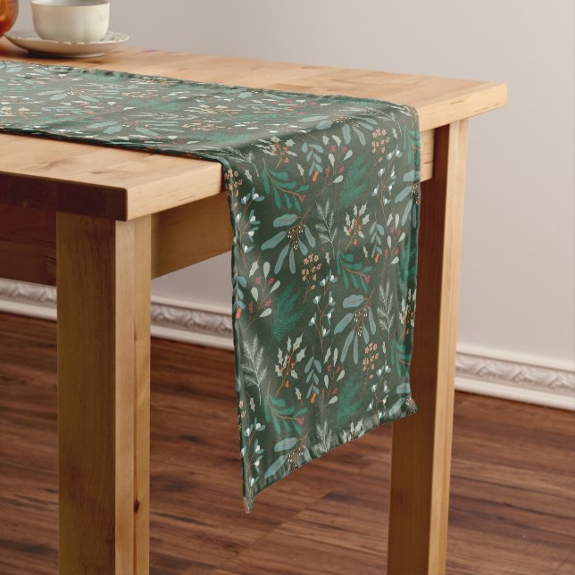 Green Winter Foliage Pattern Medium Table Runner (In Situ)