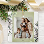 Green Winter Foliage Photo Christmas Ceramic Ornament<br><div class="desc">This photo Christmas ornament features muted green watercolor winter foliage. Personalize this elegant Christmas ornament with your family photo.</div>
