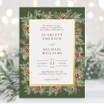 Green Winter Gold Foil Wedding Invitations<br><div class="desc">Green Winter Gold Foil Wedding Invitations. This real gold foil winter holiday wedding invitation features hand-painted watercolor greenery and pinecones arranged as a beautiful frame. The text is brown, and the background is dark green. The back includes a stylish matching bouquet on a green background. Find matching items in the...</div>