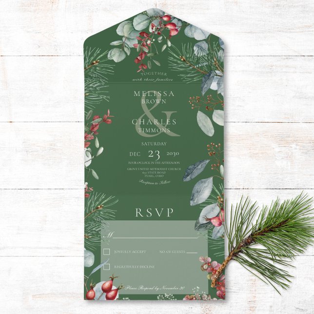 Green Winter Pine Berries Eucalyptus No Dinner All In One Invitation (Also available with a QR code or with dinner selection options.)