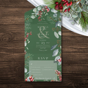 Green Winter Pine Berries Eucalyptus Three Dinner All In One Invitation