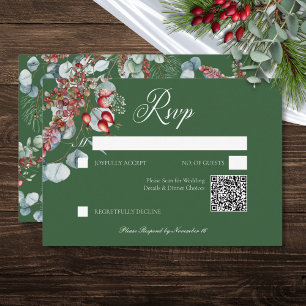 Green Winter Pine Berries Eucalyptus Wedding RSVP Card