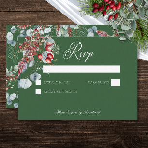 Green Winter Pine Berries Eucalyptus Wedding RSVP Card