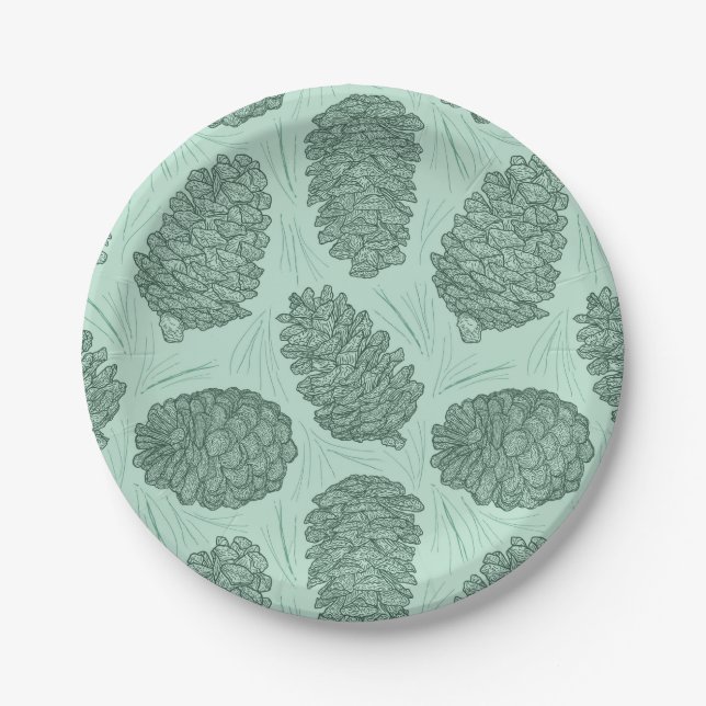 Green Winter Pinecones Paper Plate (Front)