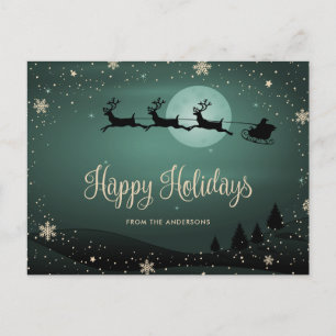 Green Winter Scene Snowflake Reindeer Santa Holiday Postcard