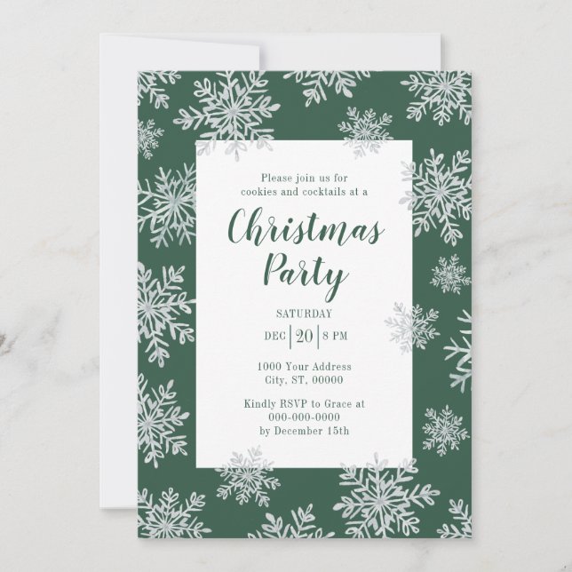 Green Winter Snowflake Christmas Holiday Party Invitation (Front)
