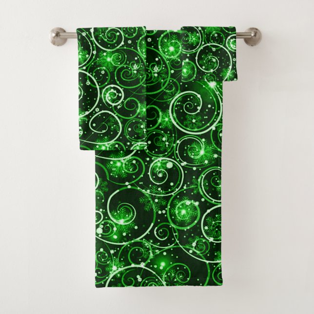 Green Winter Swirl Bath Towel Set (Insitu)