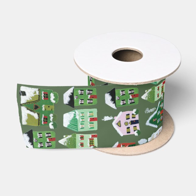 Green Winter Village Houses Christmas Satin Ribbon (Spool)