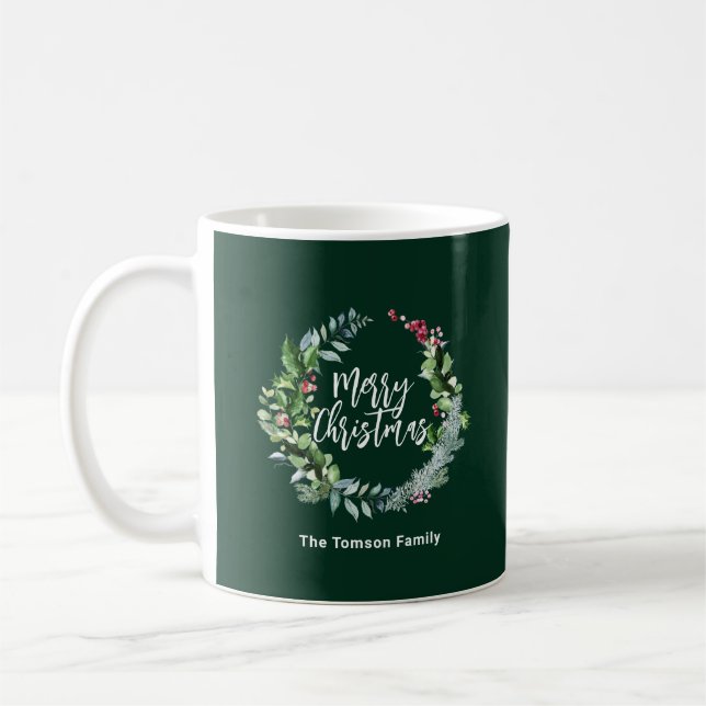 green winter watercolor wreath christmas coffee mug (Left)