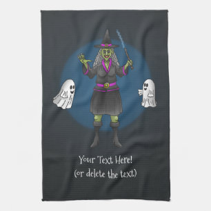Green Witch and Ghosts Halloween Party Kitchen Towel