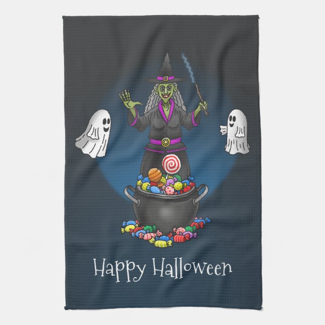 Green Witch and Ghosts Halloween Party Kitchen Towel (Vertical)