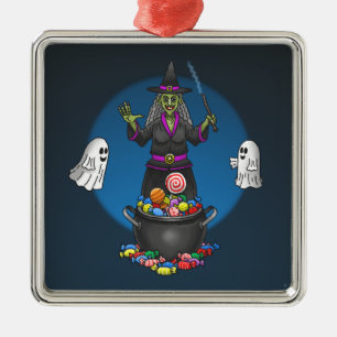 Green Witch and Ghosts Halloween Trick or Treat Metal Ornament