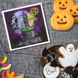 Green Witch Cauldron Blue Moon Magic Halloween Napkin