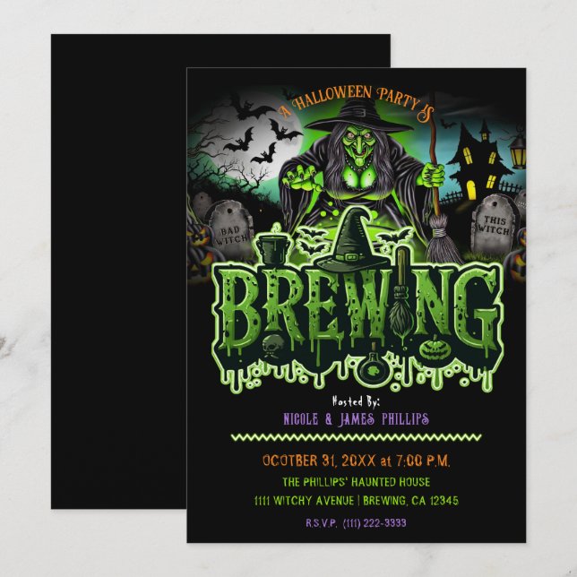 Green Witch Graveyard Brewing Halloween Party  Invitation (Front/Back)
