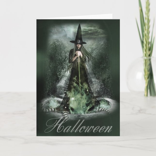 Green Witch Halloween Greeting Card (Front)