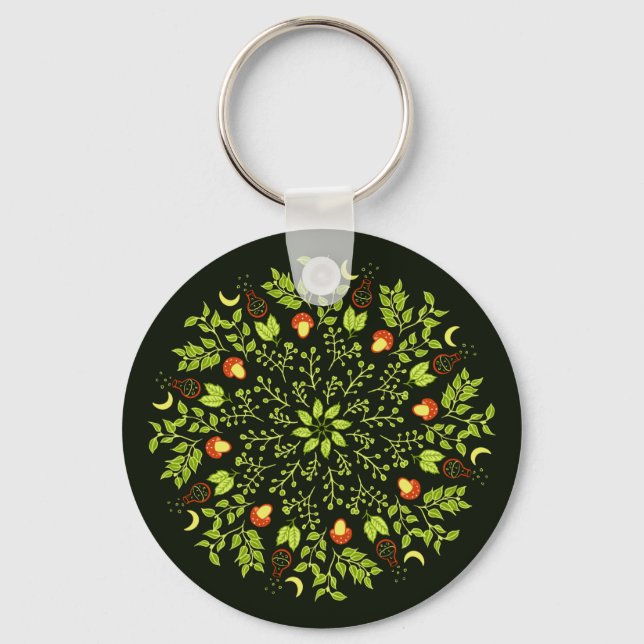 Green witch potion mushroom leaves plants mandala keychain (Front)